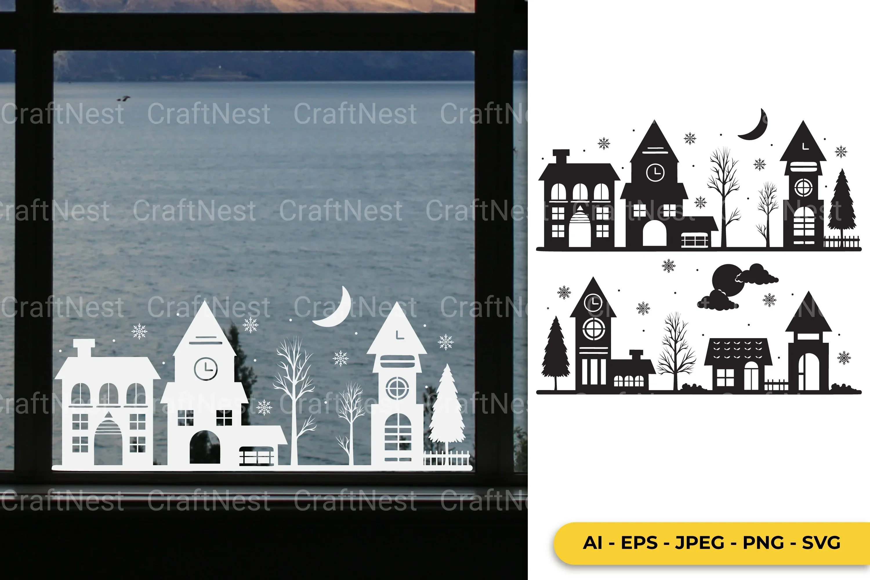 Snowy Town Window Decal Clipart Bundle