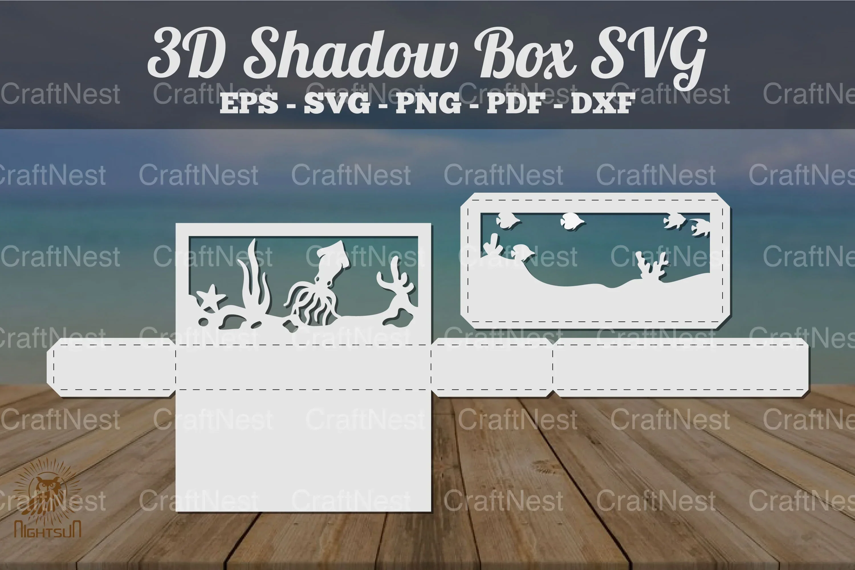 Squid Underwater Scene Shadow Box SVG Bundle