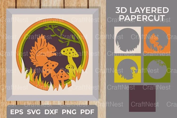 Squirrel and Mushroom 3D Shadow Box Clipart Bundle