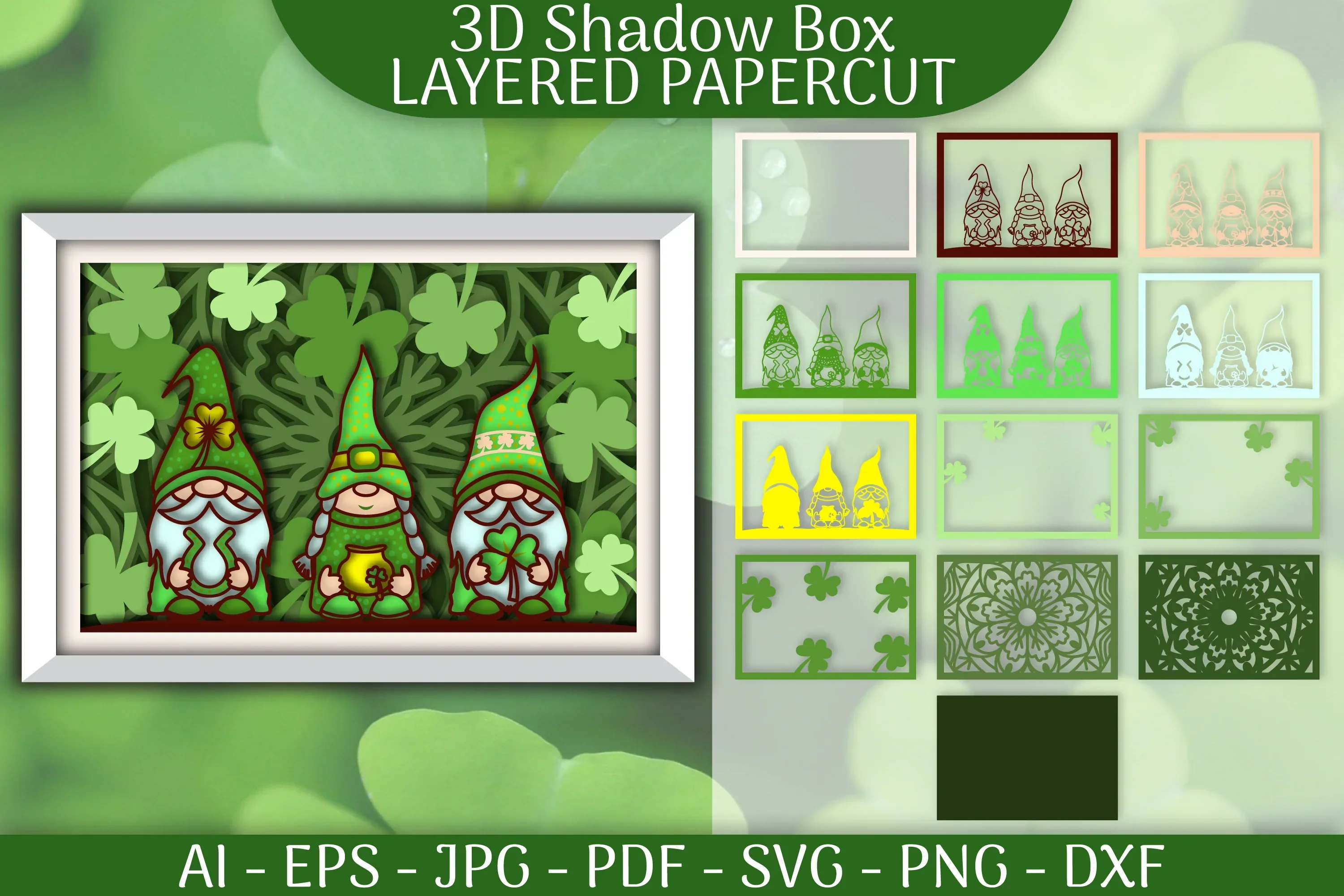 St Patrick's Day Gnome 3D Shadowbox Papercut SVG Bundle