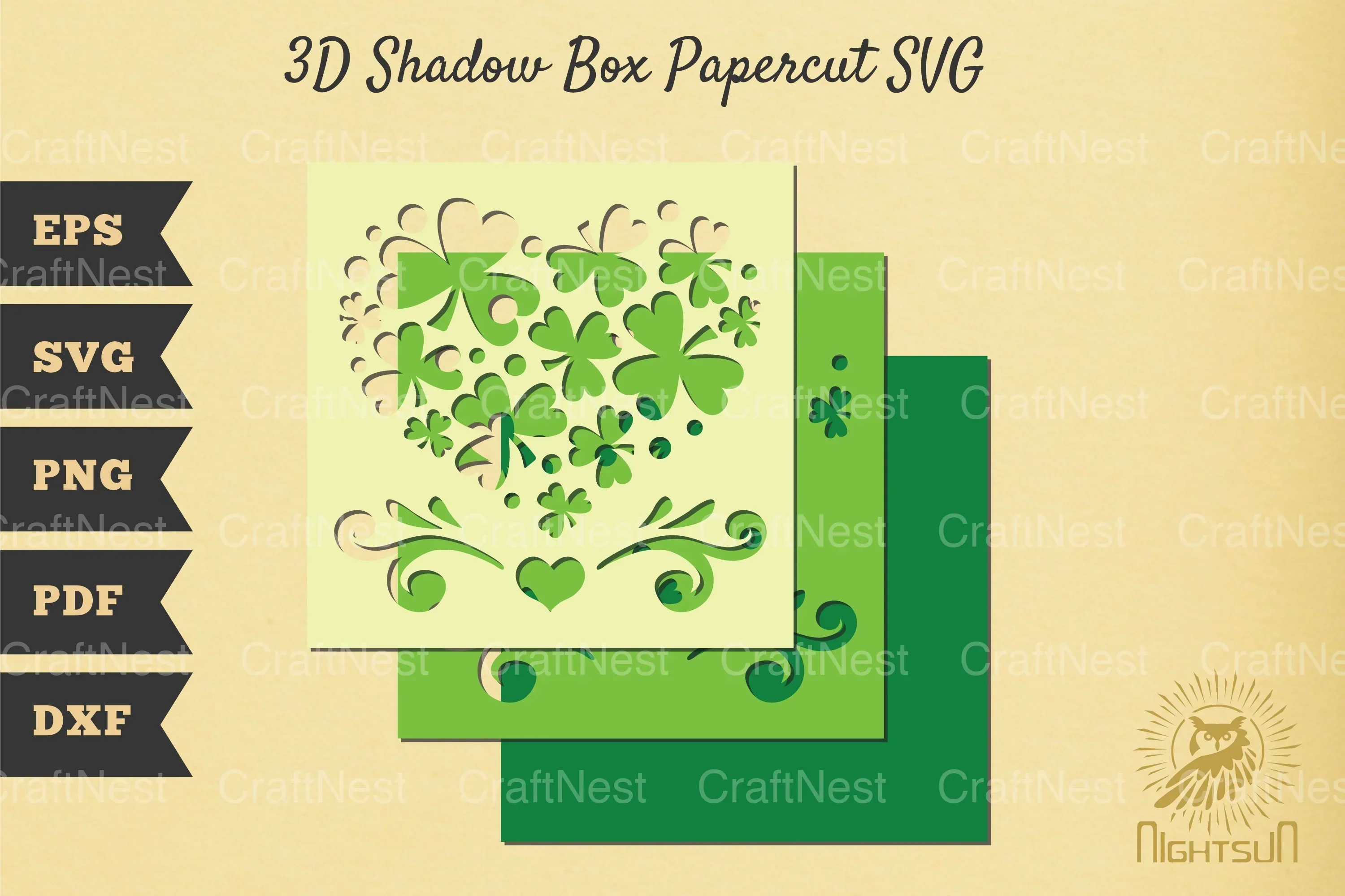 St Patrick's Day Shamrock Heart Pattern 3D Shadow Box Clipart Bundle