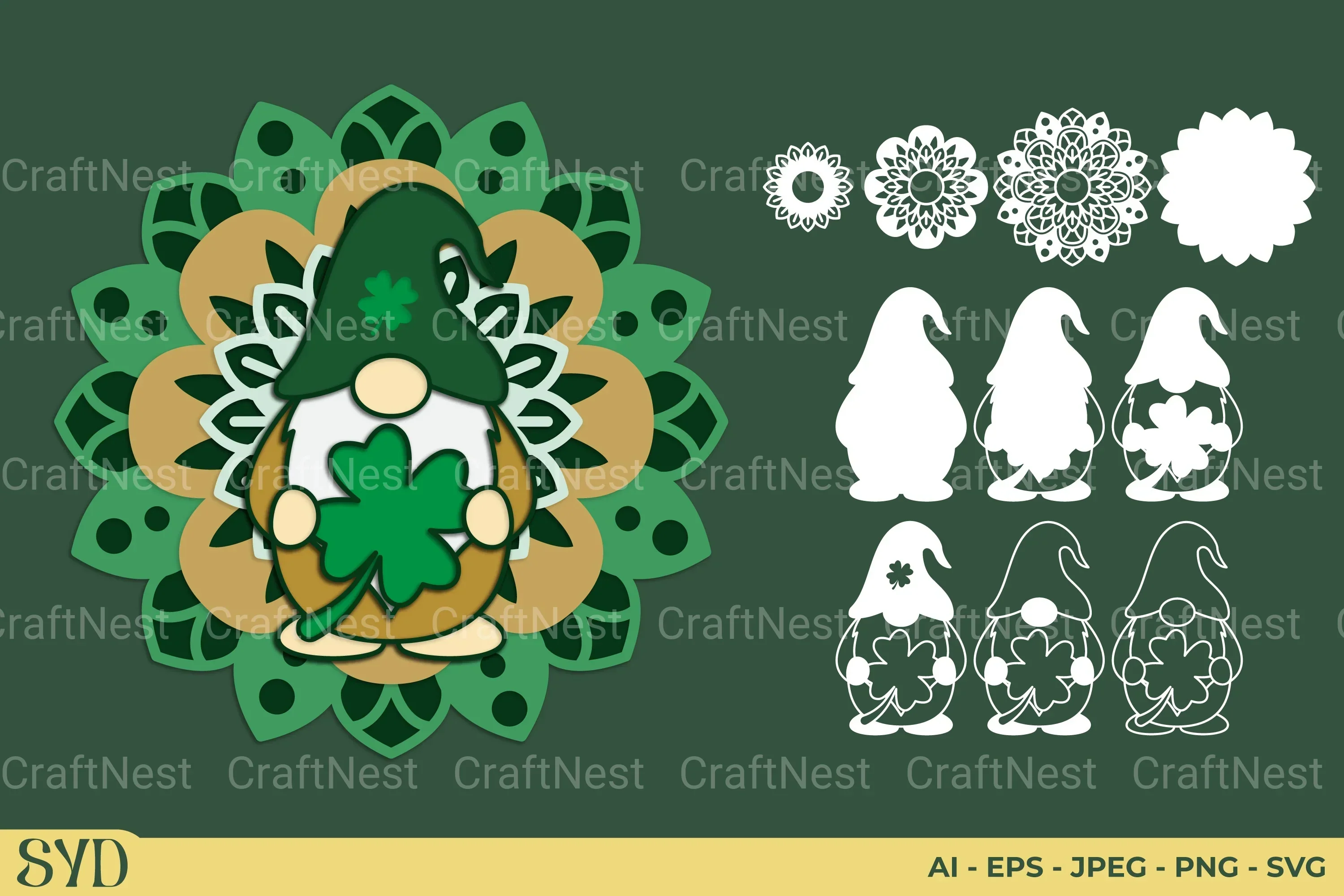 St Patrick's Gnome Mandala Layered Papercut Clipart Bundle