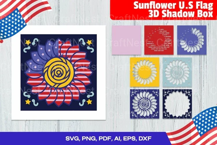 Sunflower Flag 3D Shadow Box National Patriotic Day Clipart Bundle