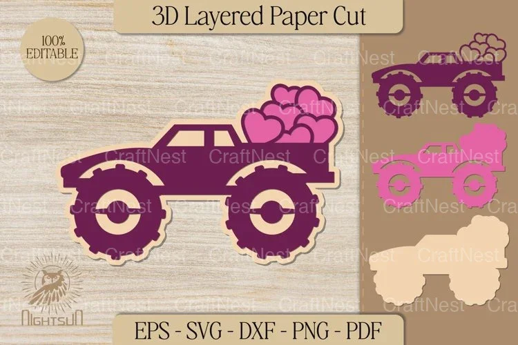 Valentine Monster Truck Layered Paper Cut Clipart Bundle