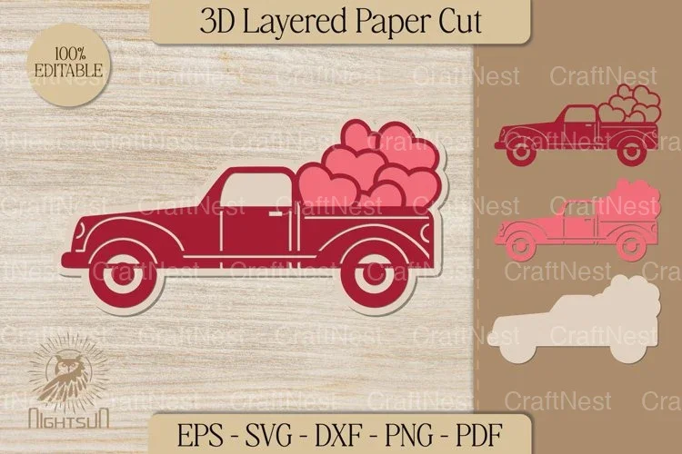 Valentine Truck Layered Paper Cut Clipart Bundle