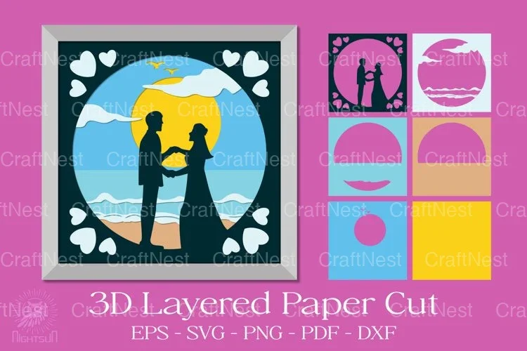 Wedding Couple on Sunset Beach 3D Shadow Box Clipart Bundle