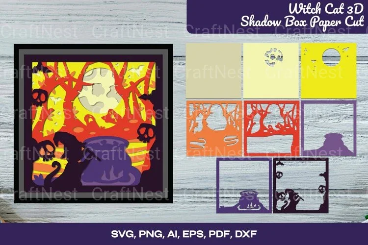 Witch Cat 3D Shadow Box SVG Bundle