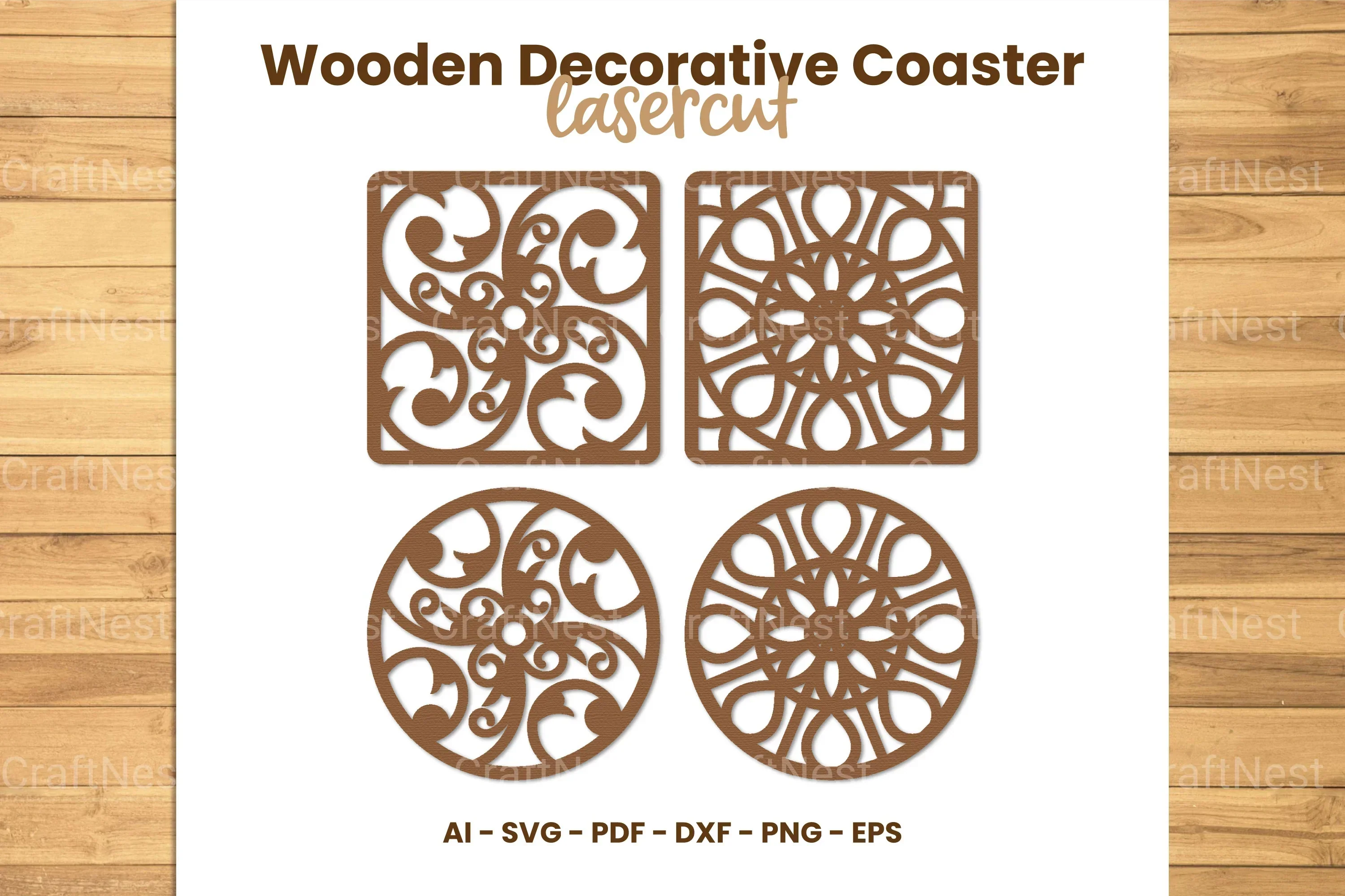 Wooden Decorative Coaster Lasercut SVG Bundle